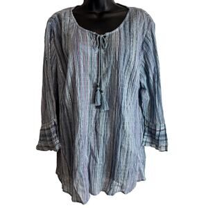 Style & Co 1X Blue Striped Boho Blouse Tassel Tie Crinkle Peasant Top Women EUC